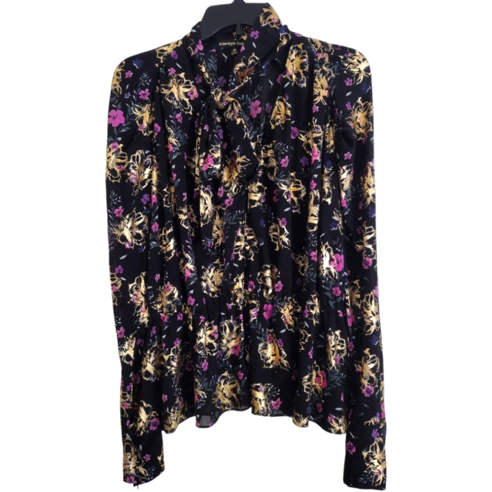 Always Indigo Ruffle Elastic Waist multicolor blouse neck tie size medium